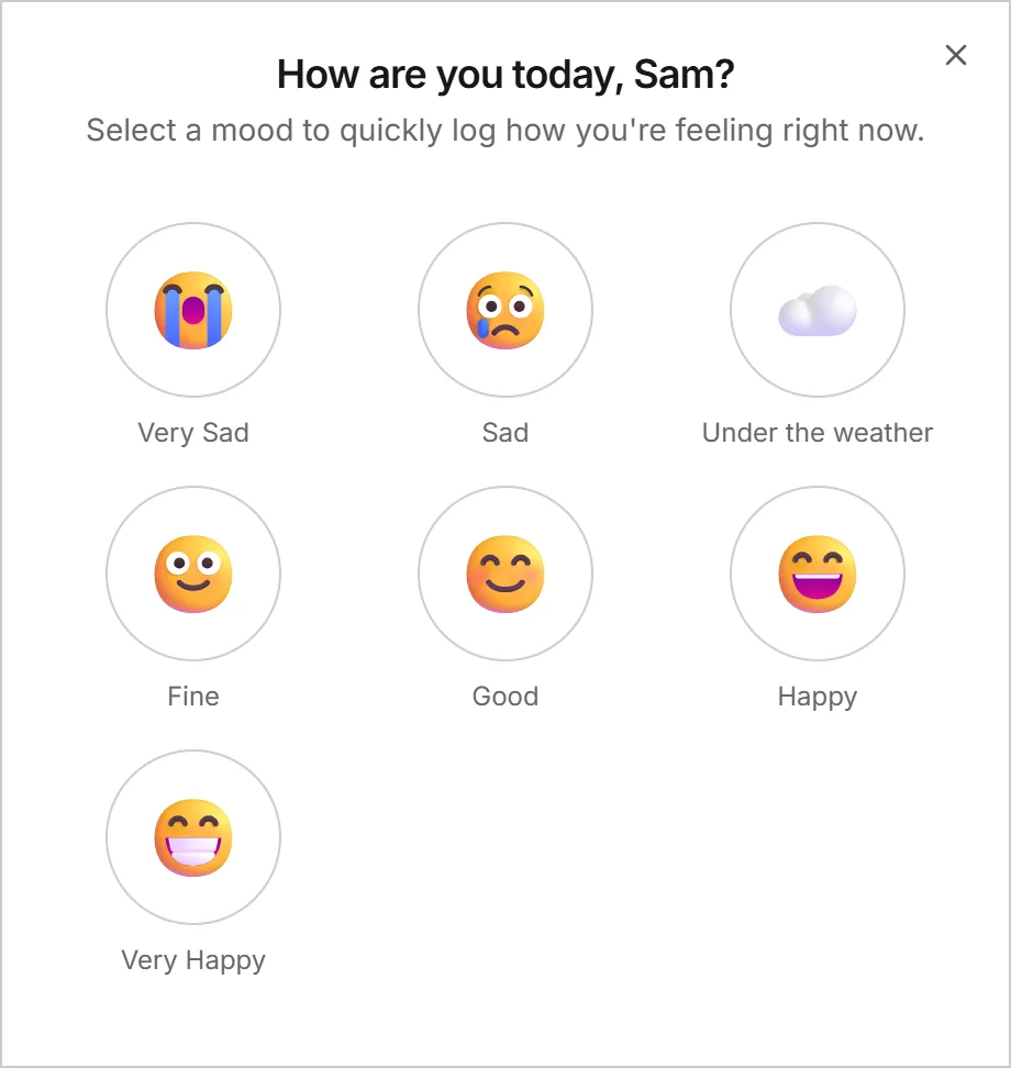 Daily check-in asking 'How are you today, Sam?' with seven mood options