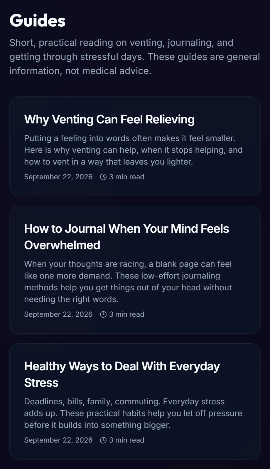 Guides page listing short reads such as 'Why Venting Can Feel Relieving'