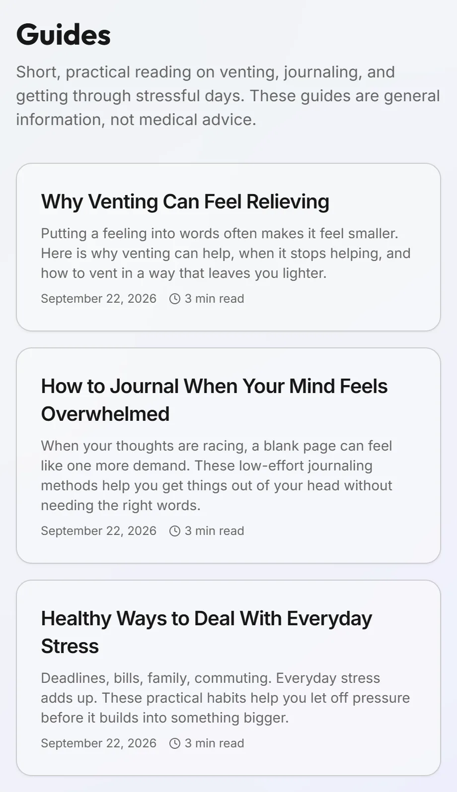 Guides page listing short reads such as 'Why Venting Can Feel Relieving'